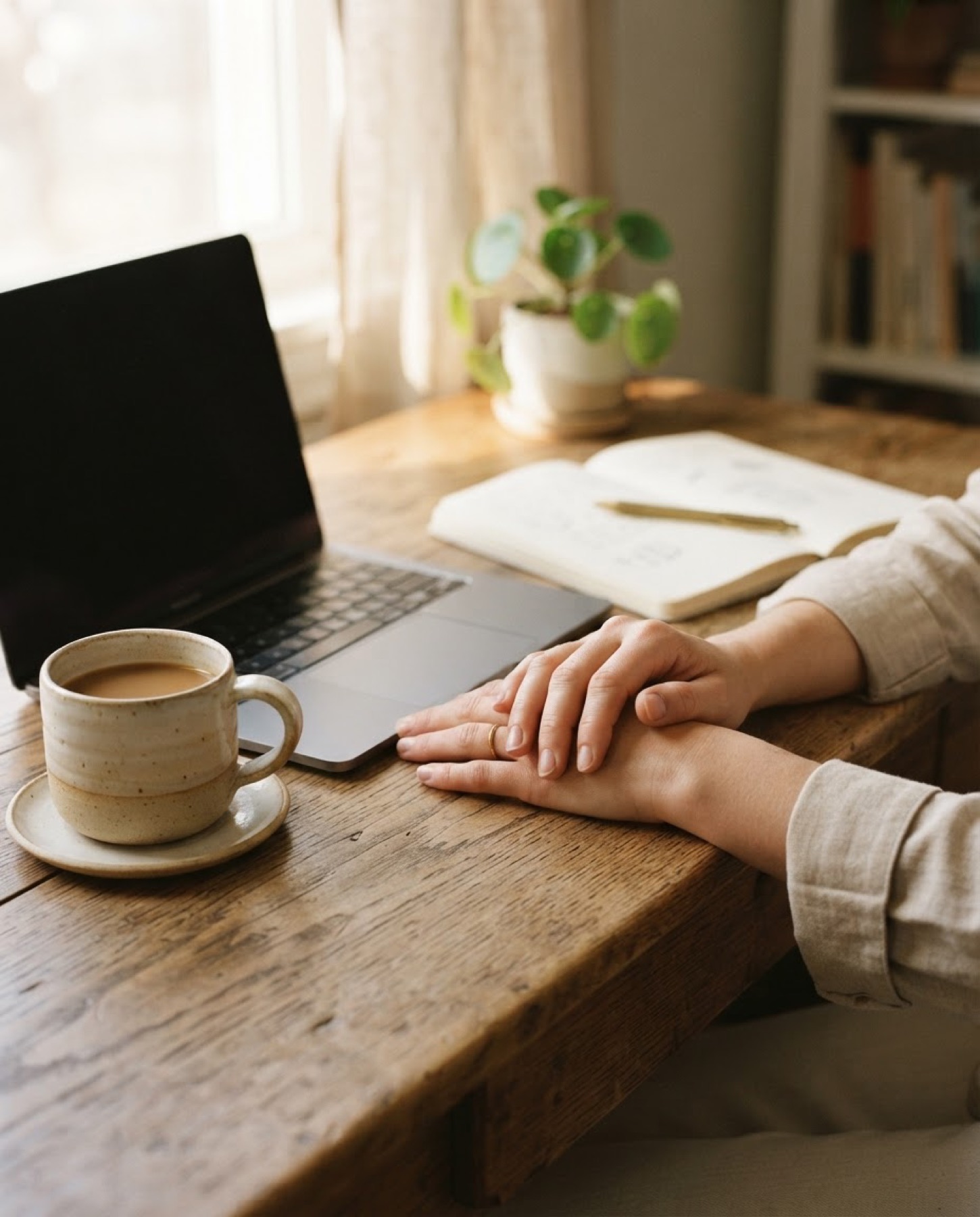 Un bureau avec un carnet, un ordinateur et un café